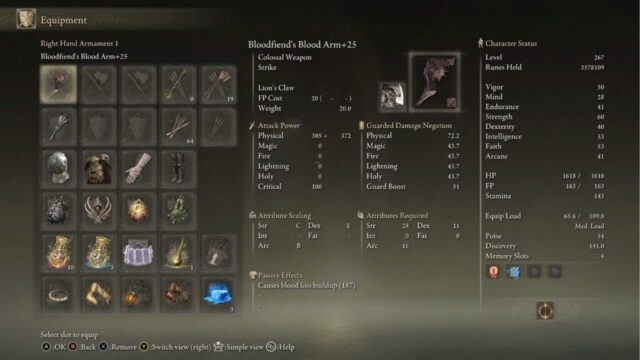 Bloodfiend's Arm Stats in Elden Ring