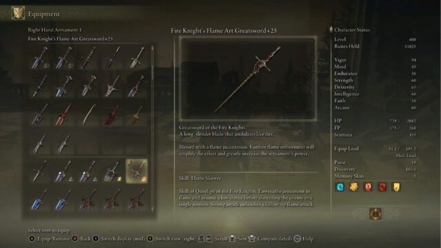 Fire Knigh's Greatsword Stats in Elden Ring