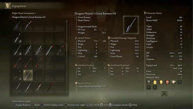 Dragon-Hunter's Great Katana Stats in Elden Ring