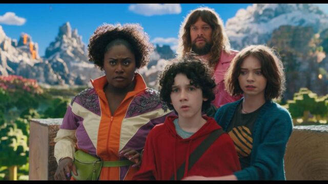 Jason Momoa, Emma Myers, Danielle Brooks, and Sebastian Eugene Hansen in A Minecraft Movie (2025)