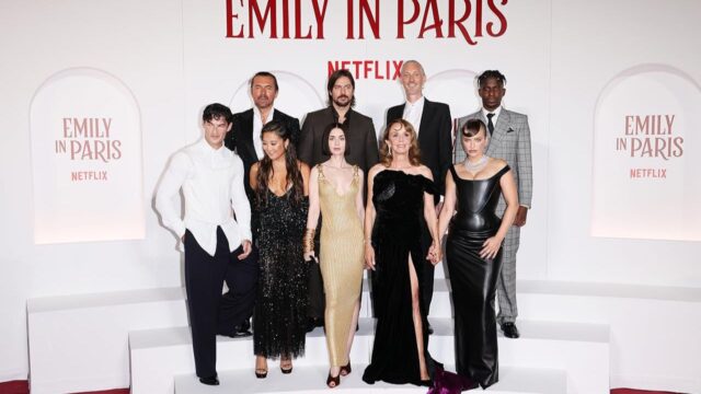 Arnaud Binard, Philippine Leroy-Beaulieu, Darren Star, William Abadie, Bruno Gouery, Lily Collins, Ashley Park, Camille Razat, Lucas Bravo, Paul Forman, and Samuel Arnold at an event for Emily in Paris 