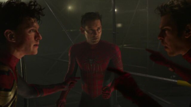 Tobey Maguire, Andrew Garfield, and Tom Holland in Spider-Man: No Way Home