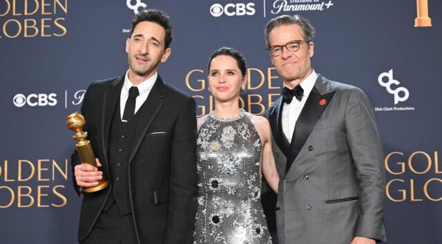 Guy Pearce, Adrien Brody, and Felicity Jones at the 82nd Golden Globe Awards